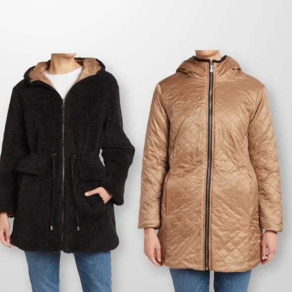 KATE spade Reversible Faux Shearling Quilted Hooded Jacket Size L - Picture 1 of 10